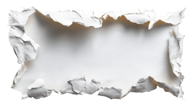 Torn paper with rough edges creating a textured frame for text or graphics, perfect for conveying concepts of destruction, or transformation in graphic projects.