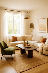 Fototapeta premium Cozy living room with sectional sofa and armchair decorated with warm tones