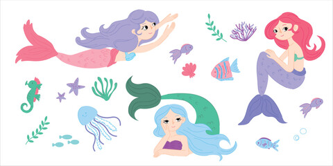 Cute vector set in a kids style featuring three mermaids. Perfect for children's designs, stickers. 