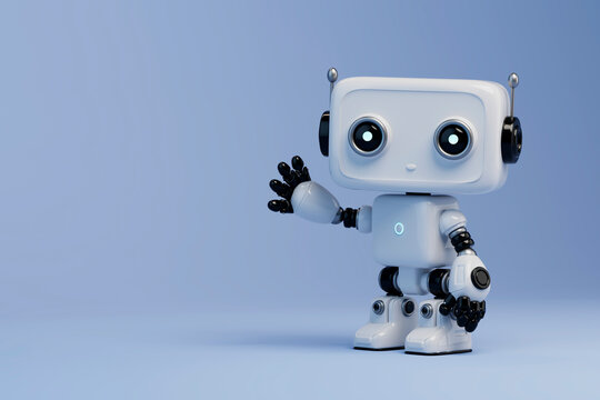 3D robot assistant waving hello on blue background