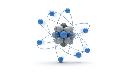 Abstract 3D model of an atom with electrons orbiting around the nucleus for a scientific concept isolated on a white background