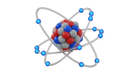Abstract 3D model of an atom with electrons orbiting around the nucleus for a scientific concept isolated on a white background