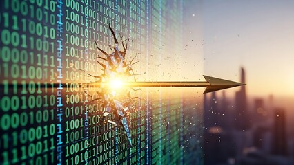 Golden arrow pierces digital data wall in stunning breakthrough concept symbolizing innovation, technology disruption and powerful progress forward