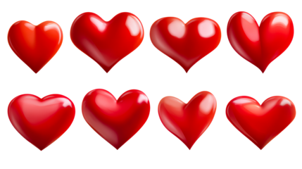 Set of glossy red heart shapes with varying reflections and volume perfect for celebrating romance affection and special holiday occasions like Valentines Day