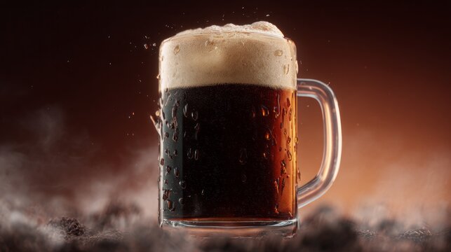 Golden bubbles dance atop a chilled mug of dark beer, glistening with condensation. The warm glow in the background creates a cozy atmosphere, perfect for savoring every sip - Powered by Adobe