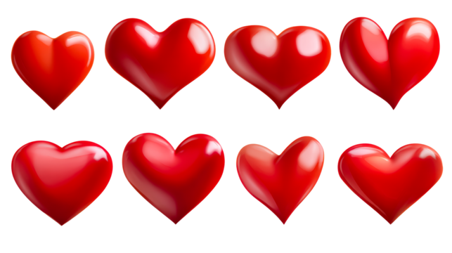 Set of glossy red heart shapes with varying reflections and volume perfect for celebrating romance affection and special holiday occasions like Valentines Day