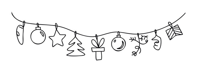 Holiday string garland with Christmas ornaments including baubles, stars, trees, gifts, and mittens for festive decoration, perfect for seasonal celebrations and winter events