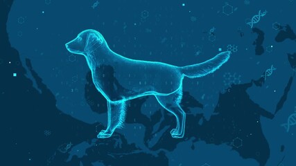 Futuristic Holographic Dog Over World Map with Genetic Elements - Powered by Adobe