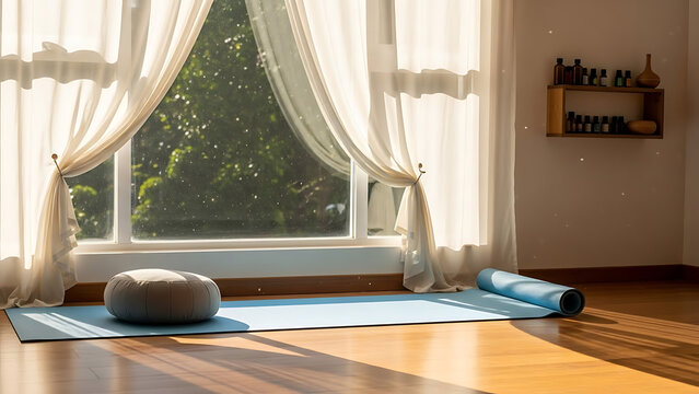 Tranquil room with a yoga mat and meditation cushion bathed in soft morning light, ready for a peaceful wellness practice and mindful reflection