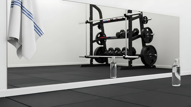 Bright and modern home gym setup featuring a large reflective mirror, well-organized weight rack, dumbbells, and barbells for a dedicated personal fitness and strength training workout space - Powered by Adobe