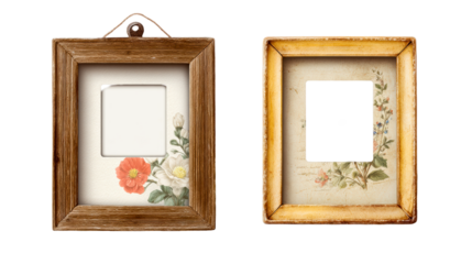 Two rustic square picture frames featuring vintage botanical prints, perfect for home decor, scrapbooking, or creating custom wall art collections.