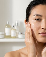 Naklejka premium Woman Washing Face During Skincare Routine in Bright Bathroom