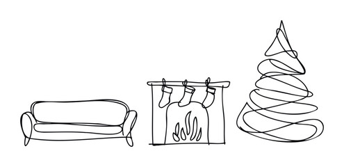 Cozy Christmas scene with sofa, fireplace with stockings, and decorated tree in a single line drawing style perfect for holiday promotions and greeting cards.