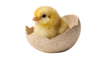 Adorable fluffy yellow chick emerging from a cracked eggshell, symbolizing new beginnings, birth, and growth, perfect for spring, Easter, or agricultural themes.