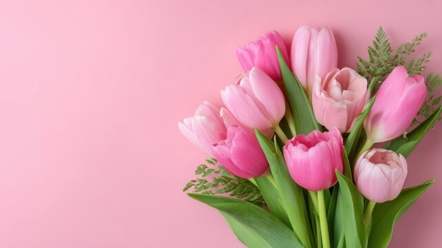 Pink tulips bouquet creating floral border with copy space on spring celebrating pastel happiness background,