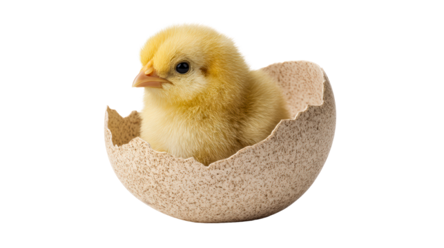 Adorable fluffy yellow chick emerging from a cracked eggshell, symbolizing new beginnings, birth, and growth, perfect for spring, Easter, or agricultural themes.