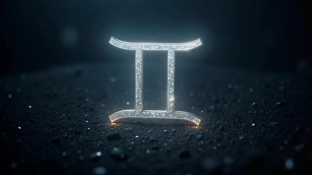 Shining gemini zodiac sign animation with glowing particles over dark surface, astrology, cosmic energy, horoscopes, modern mystical video content