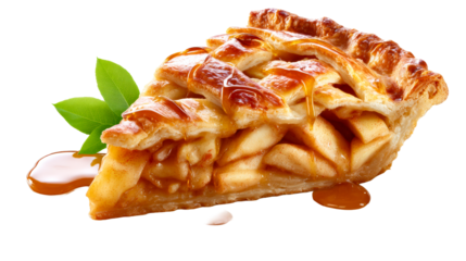 Delicious slice of apple pie with lattice crust drizzled with caramel and fresh green leaves, perfect for food blogs and recipe websites
