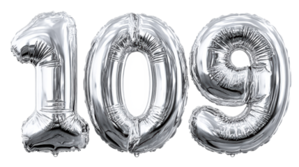 Silver foil balloons forming the number 109 for a celebration or milestone event displayed on a white background for versatile usage in party promotions or anniversary announcements
