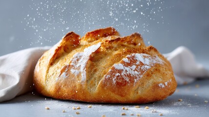 Freshly baked artisan bread loaf with flour dusting, symbolizing fresh ingredients traditional baking