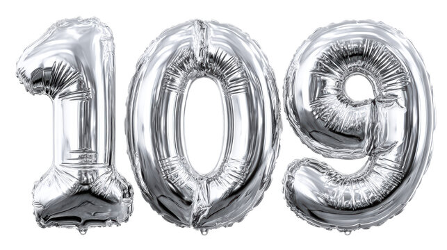 Silver foil balloons forming the number 109 for a celebration or milestone event displayed on a white background for versatile usage in party promotions or anniversary announcements