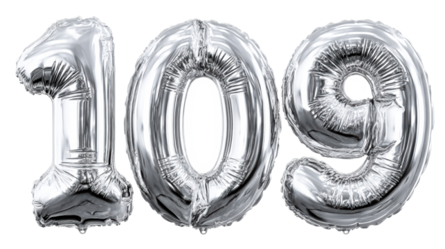 Silver foil balloons forming the number 109 for a celebration or milestone event displayed on a white background for versatile usage in party promotions or anniversary announcements