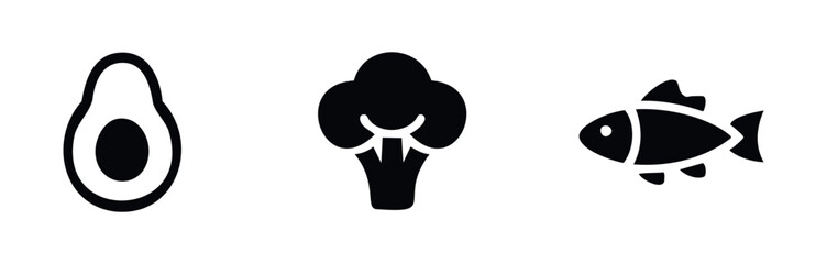 Simple black icons representing avocado half, broccoli head, and a fish symbolizing healthy food choices and nutrition for wellness content.