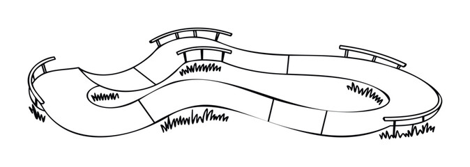 Black and white sketch of a roller coaster track with grassy mounds and railings, ideal for concept development and design inspiration in amusement park projects.