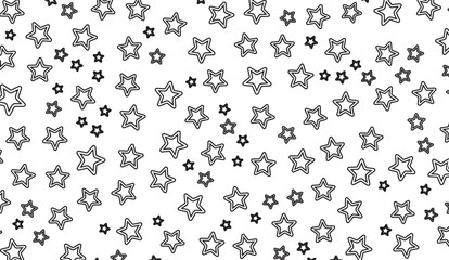 Black Star Outlines White Backdrop, Scatter Pattern, Festive Design, Simple Graphics. Use for digital backgrounds, holiday cards, or minimalist web design elements, 178 characters