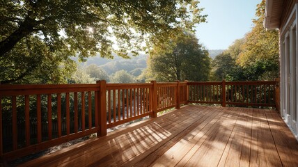 Obraz premium Wooden deck with railing overlooking lush green forest, sun rays filtering through trees creating shadows on floor