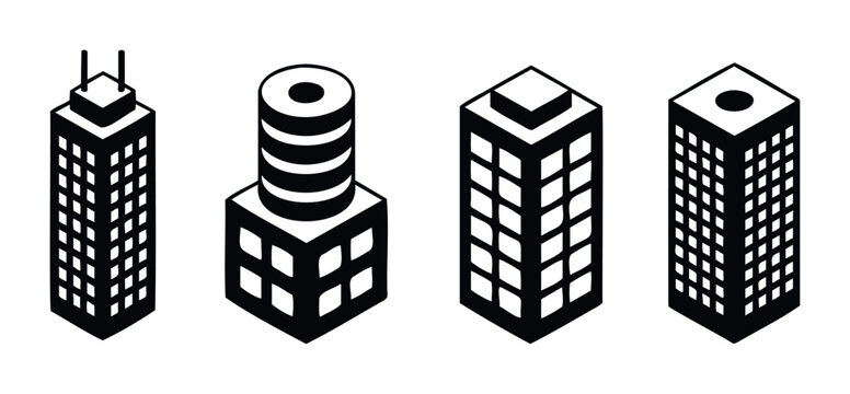 Collection of isometric building icons representing modern architecture for urban development projects and architectural visual concepts