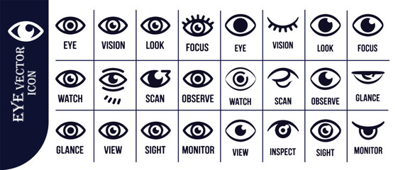 Set of human eye icons with various styles, symbols, and descriptions for vision and observation