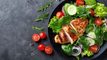 Grilled chicken breast with fresh green salad, cherry tomatoes, and cucumber for fitness promoting a healthy diet