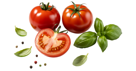 food, cooking, diet or garden design element made of ripe whole and sliced tomatoes, basil leaves and black and green pepper corns isolated over a transparent background, cut-out herbs and vegetables