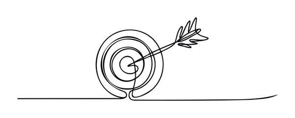Single line drawing of a dart hitting the bullseye on a target, representing accuracy and success in achieving goals, ideal for business and marketing presentations.