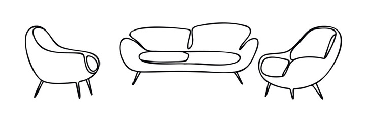 Modern outline furniture set with minimalist sofa and armchairs perfect for interior design projects and graphic representation of living spaces