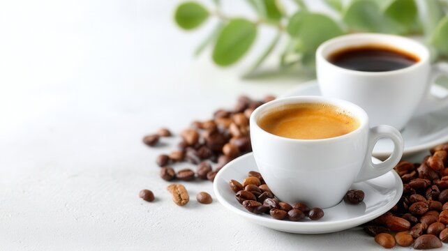 Fresh espresso and black coffee cups with scattered roasted beans offering choice and energy on white background a bright - Powered by Adobe