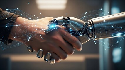 Futuristic handshake between human and AI representing collaboration with digital network, showcasing trust and innovation in cutting edge technology