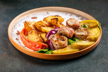 Roasted potatoes with meat rolls and vegetables