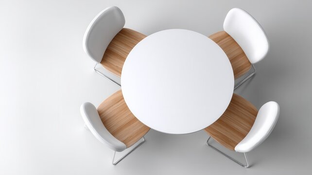 Round white meeting table with modern wood and white chairs, creating a clean minimalist or dining space conference