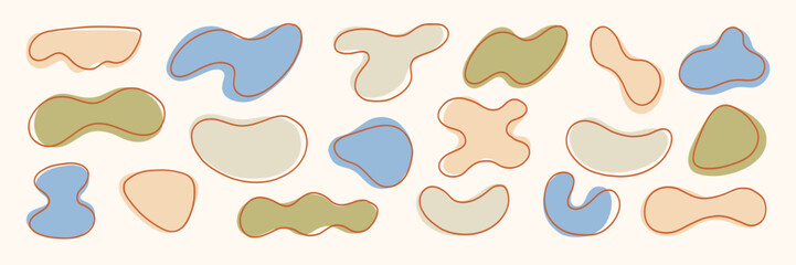 Pastel Organic Soft Blob Amoeba Shape with Line Kit. Different Round Form Set. Abstract Organic Soft Blob Figure Bundle. Hand Drawn Vector Illustration