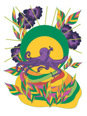 Cartoon animalistic illustration in Brazilian colors. Digital isolated image of a violet octopus. Exotic wallpaper with tropical foliage against a yellow-green sun. A totem animal for print or tattoo.