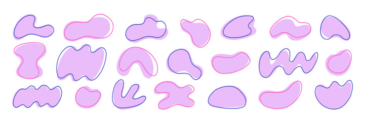 Pink Organic Soft Blob Amoeba Shape with Line Kit. Different Round Form Set. Abstract Organic Soft Blob Figure Bundle. Hand Drawn Vector Illustration
