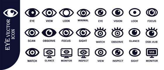 Eye vector icon set for view, look, minimal, vision, focus, scan, observe, sight, watch, glance