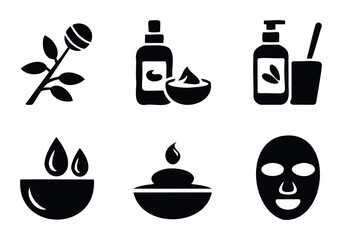 Set of cosmetic and spa icons representing skincare products, rose branch, liquid drops, and face mask for beauty and wellness applications