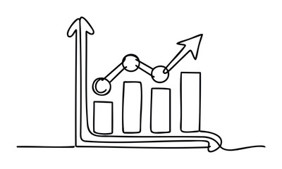 Line graph with ascending arrow and bars showing upward trend for financial growth and business success, perfect for reports and presentations.