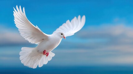 White dove flying gracefully in blue sky, symbolizing peace, hope, spirituality and freedom,