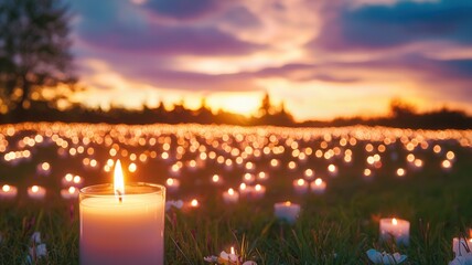 Candle vigil illuminating a grassy field at sunset, warm glow symbolizing spirituality, hope remembrance,