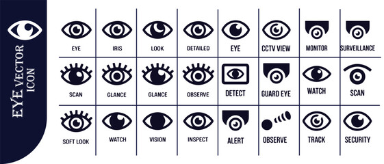 Eye vector icon set for iris, look, detailed, cctv view, monitor, surveillance, detect, guard