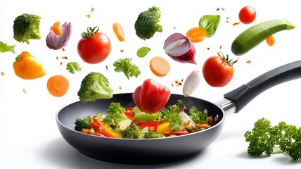 Fresh vibrant vegetables dynamically tossing into a frying pan, preparing healthy cooking a ingredients meal nutritious